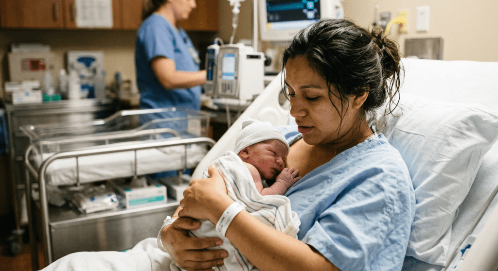 Mother holding newborn baby wrapped in blanket in hospital bed