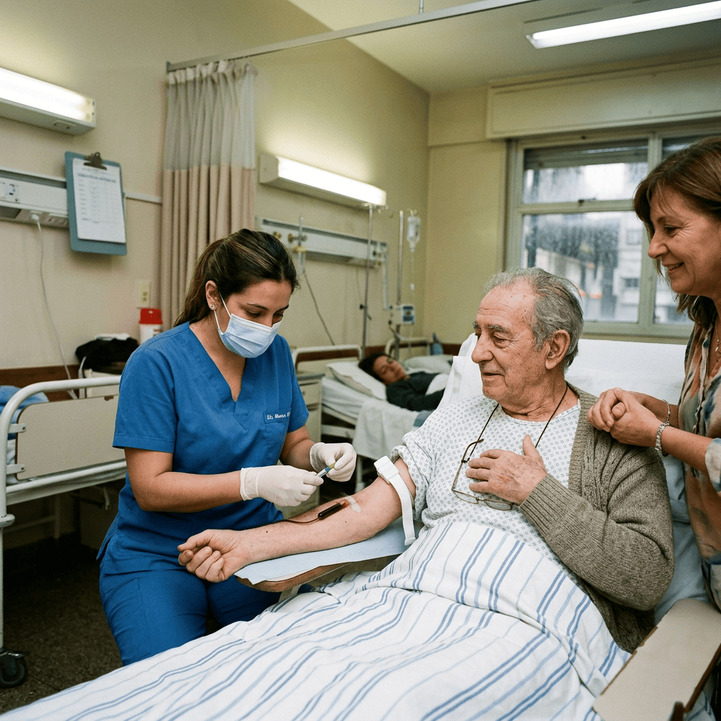 Nurse drawing blood from an older patient while a woman offers support